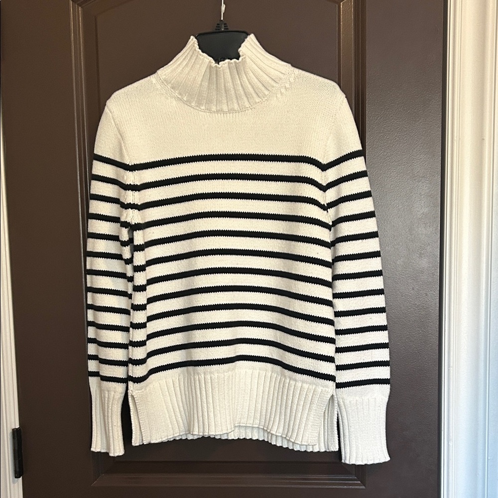 J. Crew White and Black Striped Ribbed Mock Neck Sweater - Picture 2 of 10